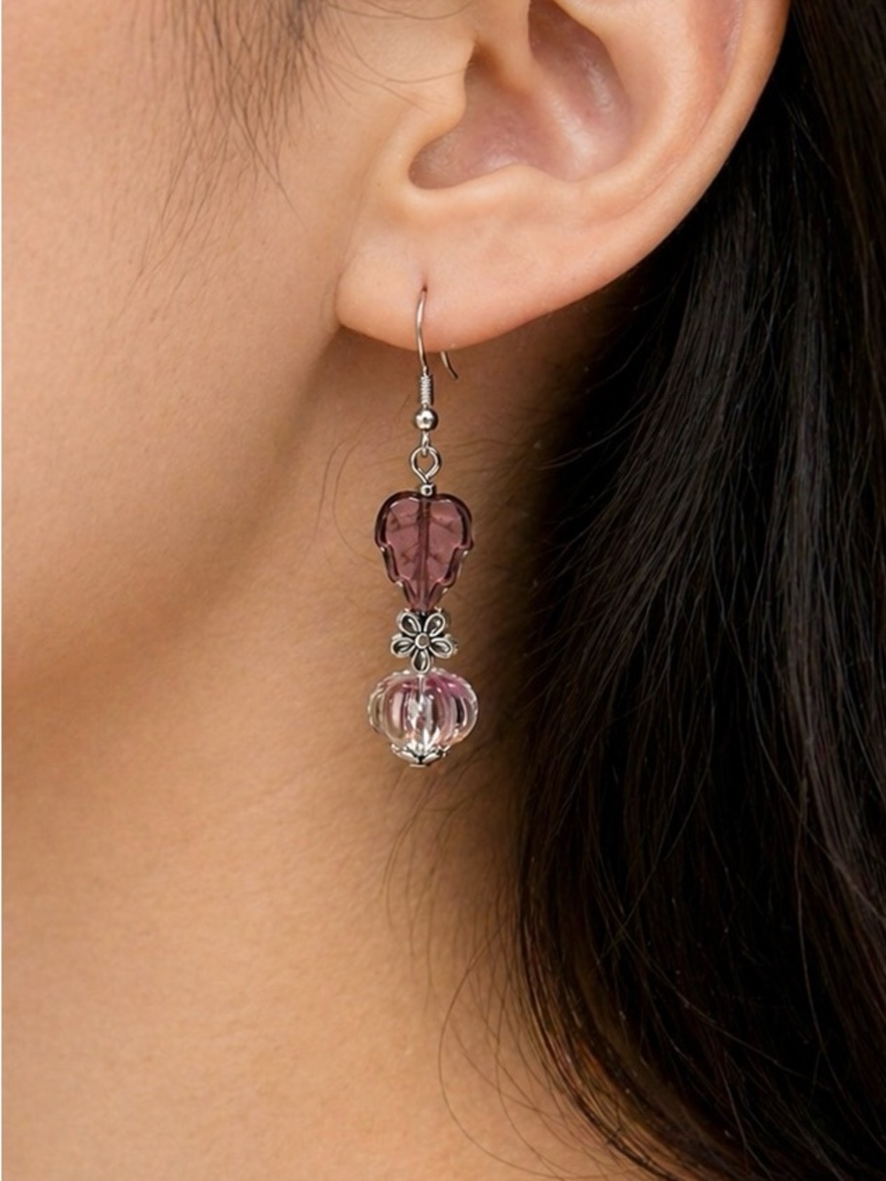 Boho Glass Leaf Earrings, Plum Leaf Mixed Glass Dangle, Artisan, Ships Free - Picture 9 of 11